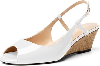 elashe Womens Cork Heel Wedge Sandals White - 2 Peep Toe Slingback Patent Leather White Wedge Sandals Women UK7