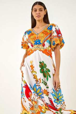 Roman Floral Border Ruched Midi Dress