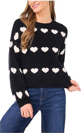 CeCe by Cynthia Steffe Heart Jacquard Crew Neck Sweater Womens Sweater Rich Black : SM, Polyester/Spandex