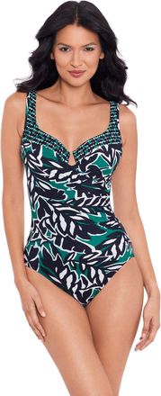 Miraclesuit Womens Swimwear Slimming Escape Underwire Molded Cup Bra Tummy Control One Piece Swimsuit, Palma Black/Multi, 14