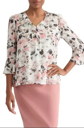 Kasper Floral Print Metallic Ruffle Top in Vanilla Ice Multi at Nordstrom, Size X-Large