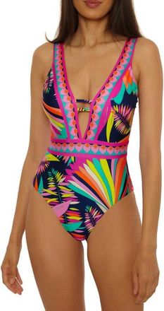 Trina Turk Paralia Plunge One-Piece Swimsuit in Black Multi at Nordstrom, Size 10