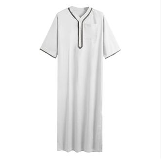 Generic Mens Muslim Clothing Arabic Robe for Men Kaftan Abaya Islamic Short Sleeve Jalabiya Dress for Men White Kaftan Mens Long Thobe Men with Pockets Univer