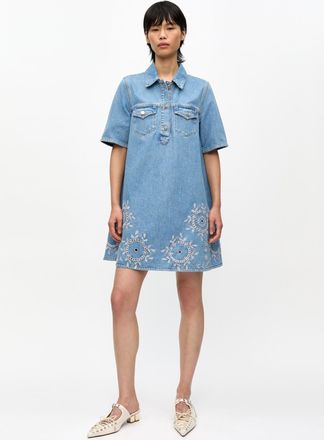 Ganni Light Blue Stone Broderie Anglaise Mini Dress - Size 34 Cotton