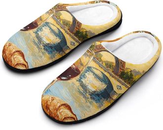 Generic Wine French Bread Eiffel Tower Sunshine Mens Warm Slippers Non-Slip Sole Winter Rubber Cotton Shoes for Bedroom