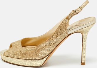 Jimmy Choo London Gold Lurex Fabric Verity Peep Toe Pumps
