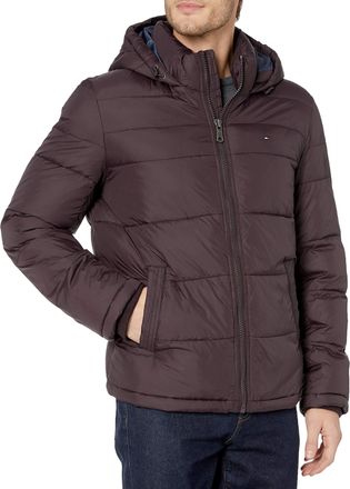 Tommy Hilfiger Mens Hooded Puffer Jacket Down Alternative Outerwear Coat, Port, M