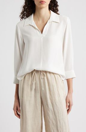 Eileen Fisher Split Neck Silk Georgette Top in Ivory at Nordstrom, Size Xx-Small