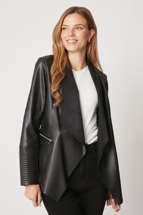 Wallis Womens Black Faux Leather Waterfall Jacket - Size 10 UK