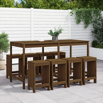 vidaXL Mesa Y Taburetes Altos De Jard&iacute;n 9 Pzas Madera Pino Marr&oacute;n Miel Vidaxl