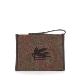 Etro Clutch Arnica With Embroidered Logo On The Front And All-Over Pattern Cotton Blend Brown Woman Polyester Clutches Pochettes