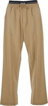 Msgm Beige Pants With Elastic Drawstring Waist In Wool Stretch Man