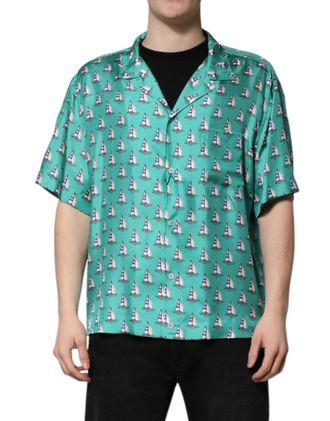 Dolce & Gabbana Mens Green Printed Short Sleeves Casual Shirt Silk