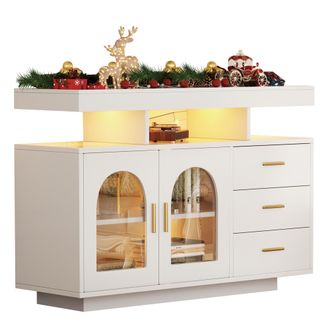 STILVORA Aparador De Cocina Con 3 Cajones, 2 Puertas, 4 Huecos Y Led, Acabado Brillante, Para Cocina En Tablero De Part&iacute;culas 120&times;40&times;80 Cm Blanco