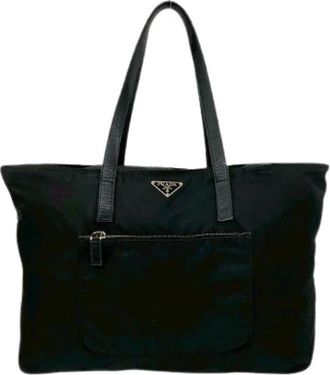 Prada Pre-owned Tote Bags, female, Black, Size: ONE SIZE Pre-owned Tessuto Nylon Leather Tote Bag
