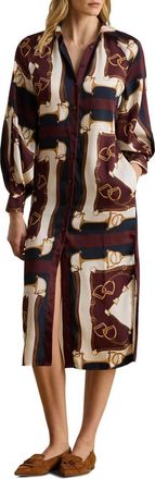 Lauren Ralph Lauren Equestrian Print Long Sleeve Twill Midi Shirtdress in Brown/Navy/Cream Multi at Nordstrom, Size 12P