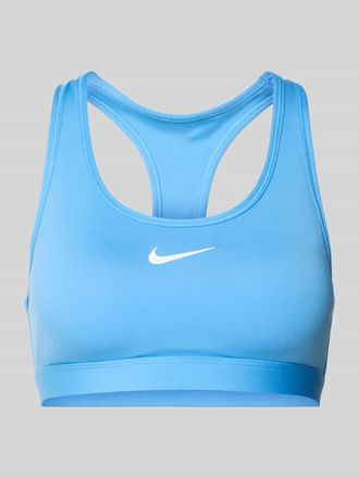 Nike Slim Fit Sport-BH mit Logo-Print Modell Swoosh in Blau, Gr&ouml;&szlig;e XL