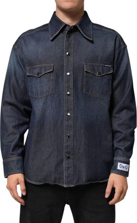 Dolce & Gabbana Blue Denim Button Casual Logo Patch Men Shirt Cotton