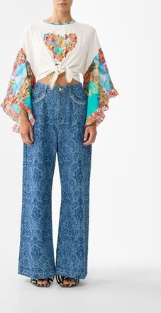 Camilla Tie Front Ruffle Sleeve T-Shirt in Meet Me In Mallorca at Nordstrom, Size Xx-Small Au