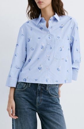 Mango Embroidered Stripe Button-Up Shirt in Sky Blue at Nordstrom, Size 4