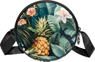 Generic Circle Crossbody Bag for Women, Tropical Plants Small Sling Bag Daypack with Zipper Adjustable Shoulder Straps Casual Ladies Girls Round Purse