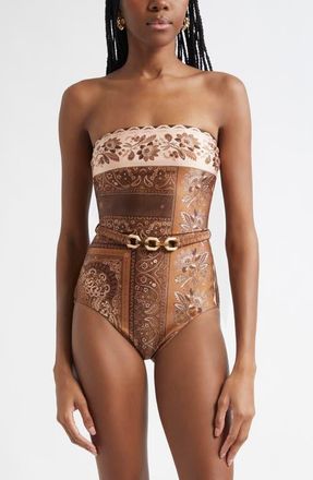 Zimmermann Lucky Belted One-Piece Bandeau Swimsuit in Chocolate Bandana at Nordstrom, Size 0