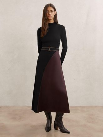 Reiss Black & burgundy Colour-block Knitted Midi Dress, XL