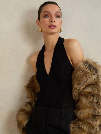 Reiss Black Atelier Stitch-detail Halter Bodysuit, XS