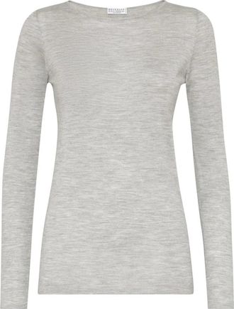 Brunello Cucinelli Lichtgrijze Kasjmier-Zijde Trui - Dames - Longsleeves - Grijs - 2XL - Kasjmier - Tops