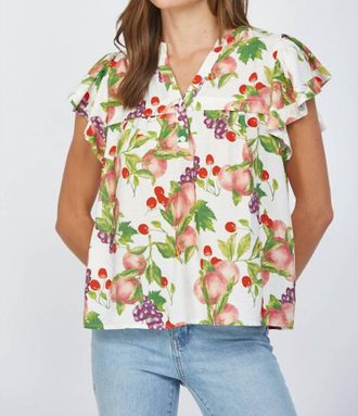 Fate Fruit Print Flutter Sleeve Split Neck Top In Cream Multi