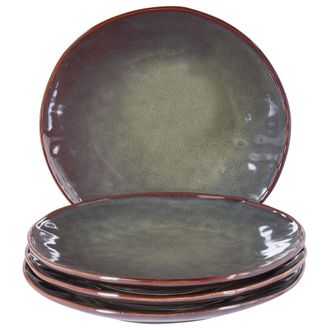 Beliani Beliani - Conjunto De 4 Platos Llanos Grandes De Postre De Gres Caol&iacute;n Artesanal Acabado Esmalte Reactivo Verde Oscuro Thyme