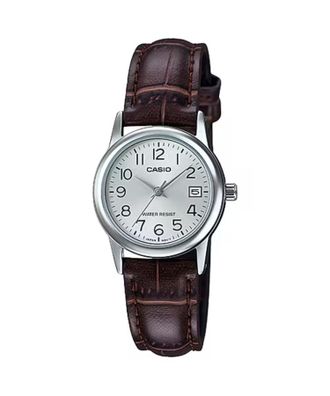 Casio Womens Silver Dial Brown Leather Strap Watch - Casio LTP-V002L-7B2UDF