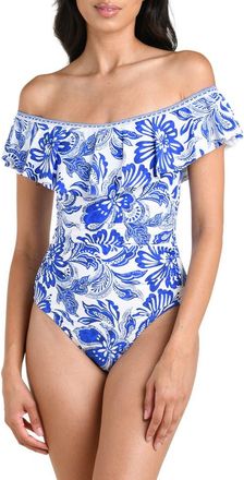 La Blanca Botanical Brocade Ruffle Off the Shoulder One-Piece Swimsuit in Lapis at Nordstrom, Size 16