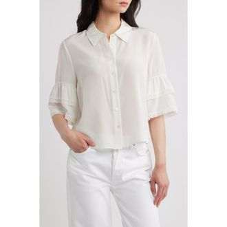 Frame Denim Lace Trim Ruffle Sleeve Silk Button-Up Top in Cream Multi at Nordstrom, Size X-Small
