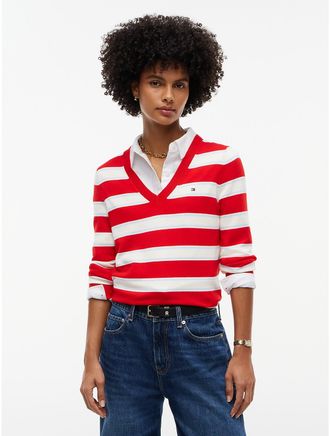 Tommy Hilfiger Womens Lightweight Striped V-Neck Sweater - Red Stripe - XXL