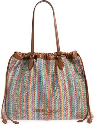 Jimmy Choo London Large Woven Raffia Drawstring Tote in Multi/Tan/Light Gold at Nordstrom