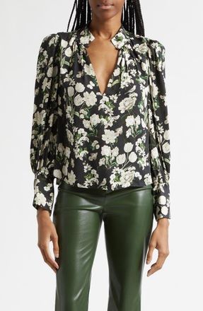 Alice & Olivia Marion Floral Print Pleated Top in Morningstar Floral Black at Nordstrom, Size X-Small