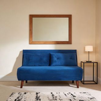 Home Source Industries Double Sofa Bed Folding Chair Velvet Wooden Legs Two Pillow Home in Blue