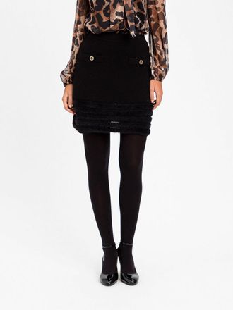 Twin-Set Wool Blend Knit Pencil Mini Skirt with Fringes