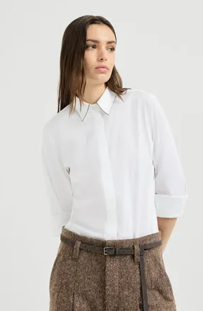 Brunello Cucinelli Stretch cotton poplin shirt with shiny collar in White at Nordstrom, Size Xxx-Large
