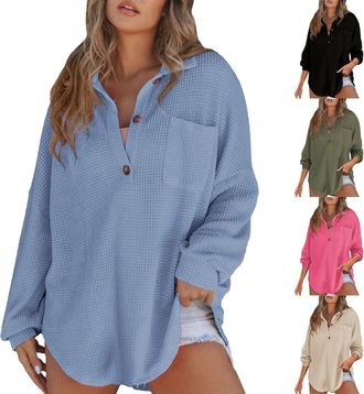 Generic Oversized Sweatshirt Women Knit Tunic Tops for Women UK Oversized Solid Color Button T Shirts With Pocket Classic Loose Fit Long Sleeve Pullover Blous
