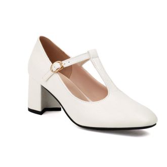 Generic Womens Crocodile Embossed PU Leather T Strap Pumps Adjustable Gold Buckle Square Toe Chunky Block Heel Non Slip Durable Comfortable Dress Shoes,White,