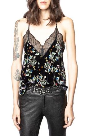 Zadig&Voltaire Christy Velvet Blossom Lace Trim Camisole in Noir at Nordstrom, Size X-Small