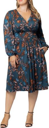 Kiyonna Diana Long Sleeve Dress in Teal Blue Asters at Nordstrom, Size 5X