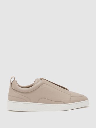 Reiss Light Taupe Brown Bonded-leather Elasticated Trainers, E41