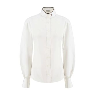 Brunello Cucinelli Overhemden, Dames, Wit, L, Katoen, Poplin overhemd met hoge kraag