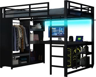 STILVORA Cama Alta 140 &times; 200 Cm, Cama Doble Con Escritorio, Led Y Armario Abierto, Sin Colch&oacute;n, Negra