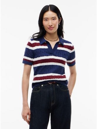 Tommy Hilfiger Womens Short-Sleeve Cable Knit Sweater Polo - Preppy Navy - XXL