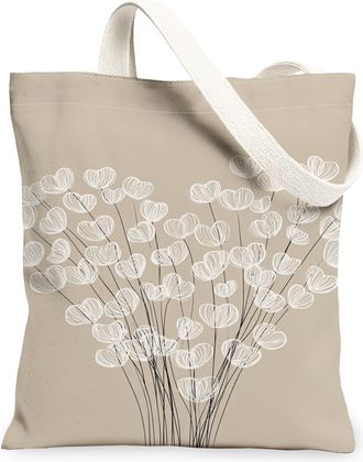 Generic Vintage Floral Canvas Tote Bags, Elegant Flower Print Reusable Grocery Bags, Lightweight Washable Shoulder Strap Canvas for, Beige, 13x15 Inch