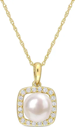 Mimi & Max 7-7.5mm Cultured Freshwater Pearl and 1/5ct TGW Created White Sapphire Halo Necklace in 10k Yellow Gold
